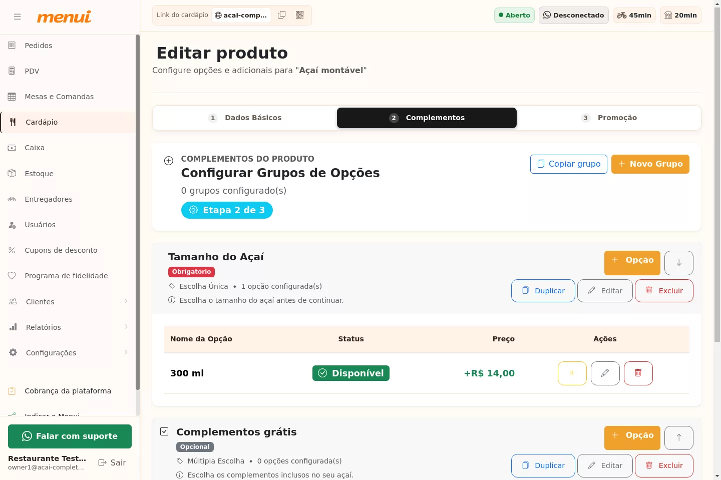 Grupo de complementos grátis já criado no Menui