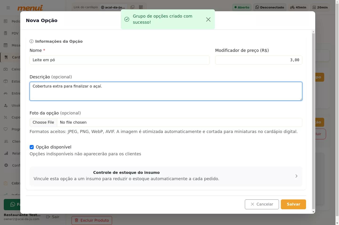 Cadastro de adicional dentro do grupo do Açaí no Menui