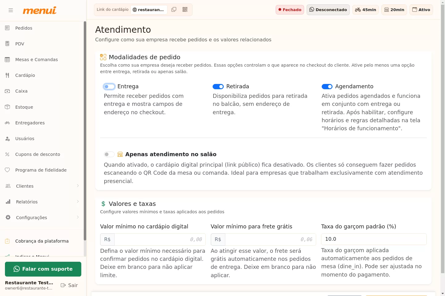 Entrega desativada na tela Atendimento do Menui