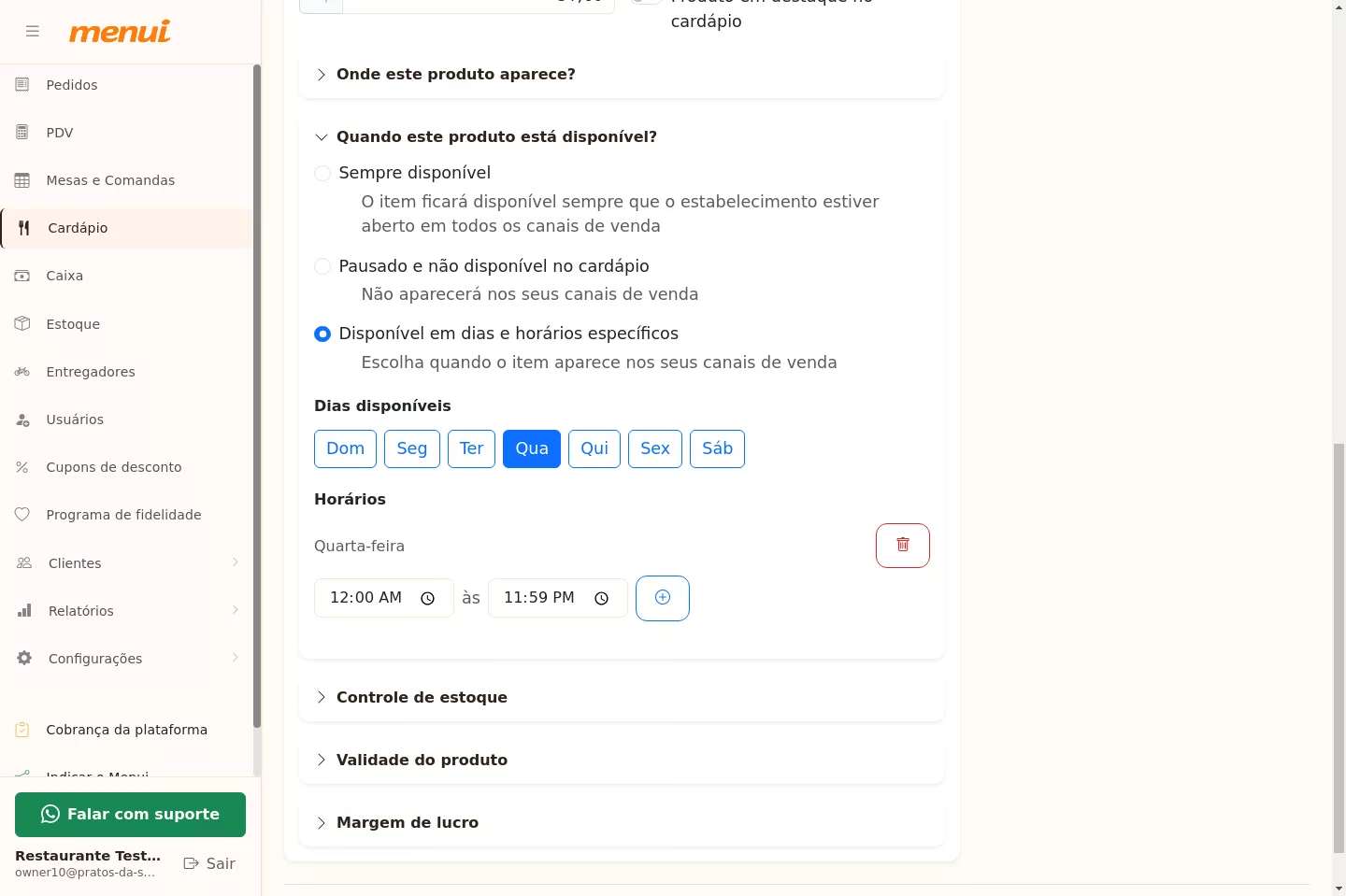 Seleção dos dias da semana para o produto agendado no Menui