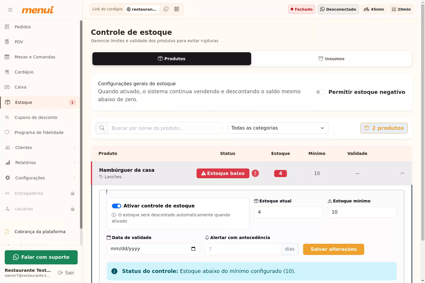 Tela de controle de estoque dos produtos