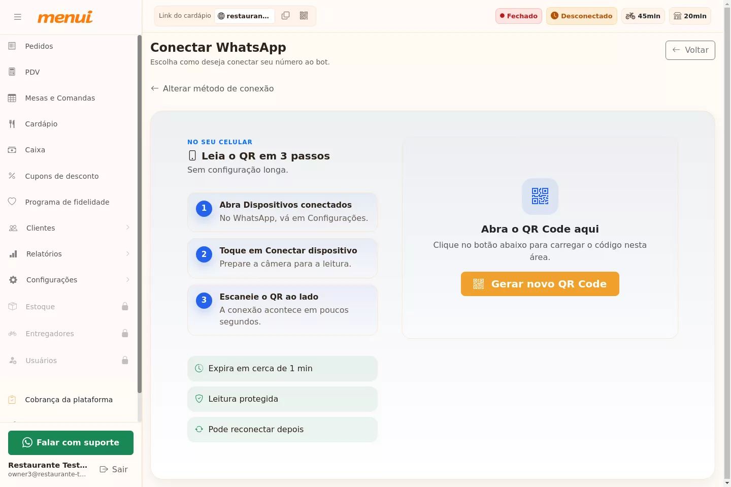 Conexão do WhatsApp por QR Code direto no Menui